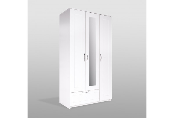 Шкаф СИРИУС трёхдверный белый с одним выдвижным ящиком и зеркалом - главное фото